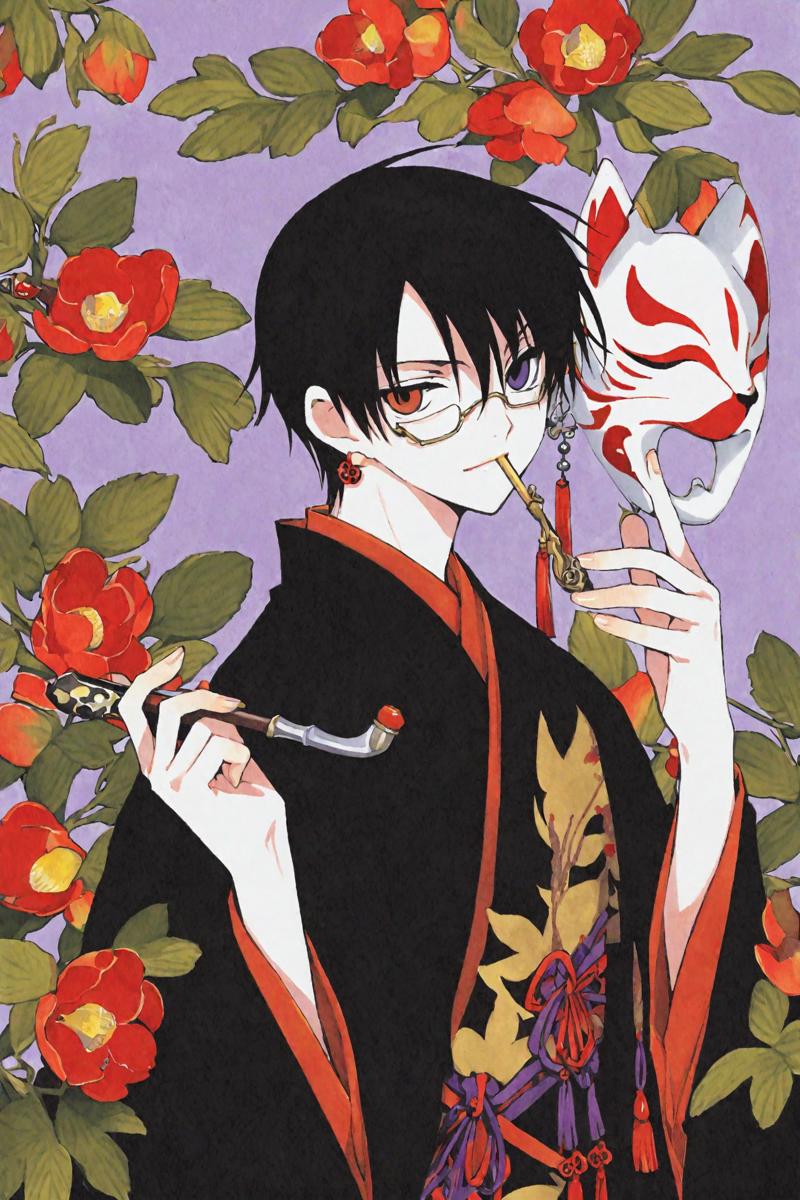 33692-2802925712-xxxHOLiC,_Watanuki Kimihiro,1boy,male focus,heterochromia,black hair,flower,solo,fox mask,smoking pipe,japanese clothes,jewelry,.png